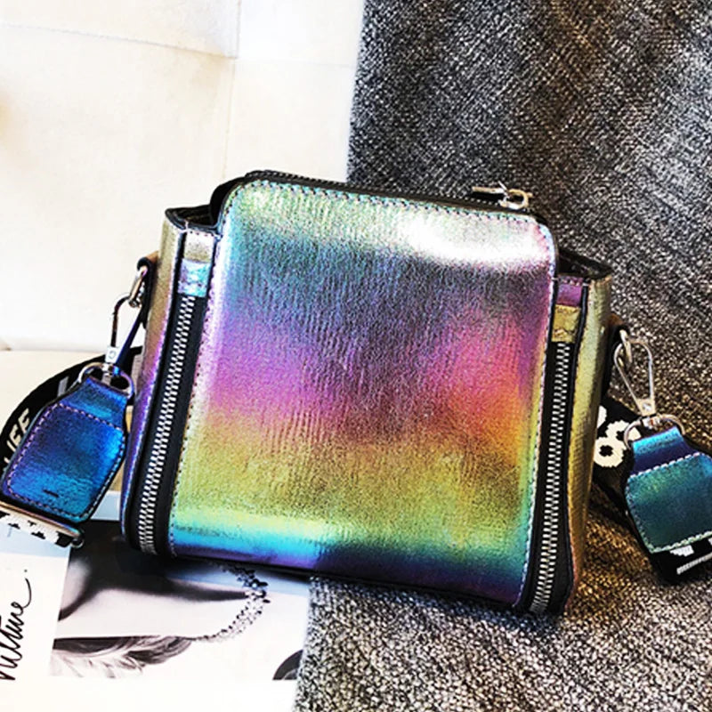Flash Laser Women Shoulder Bag PU Messenger Crossbody Bucket