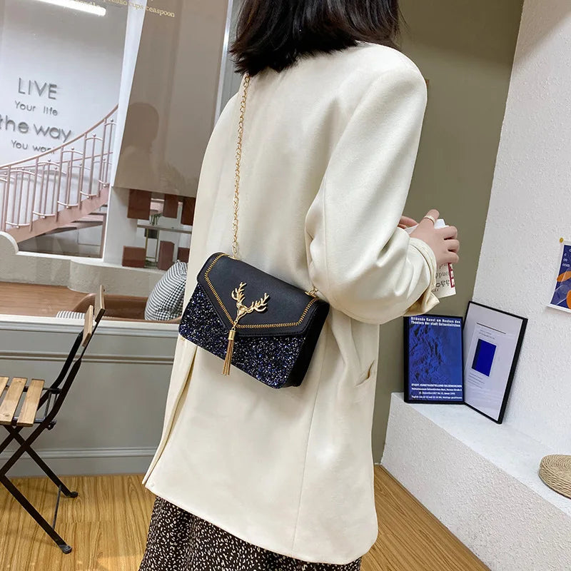 Fashionable Flash Tassel Small Square Bag Women Shoulder Messenger Handbag