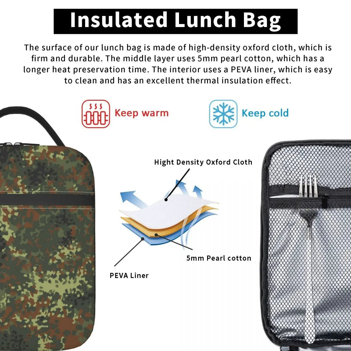 Flecktarn Camo Insulated Lunch Bag Waterproof Thermal Lunch Tote