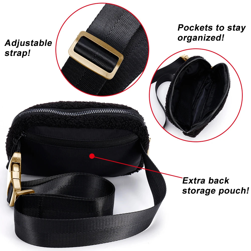 Plush Waist Bag Zipper Pocket Women Shoulder Bag for Outdoor Sports