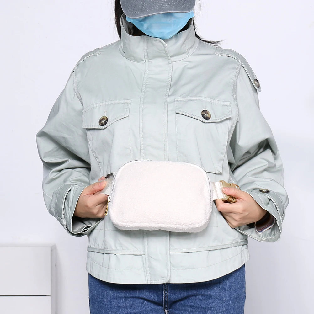 Fleece Waist Belt Bag Zipper Pocket Women Bum Hip Bag Solid Adjustable Strap