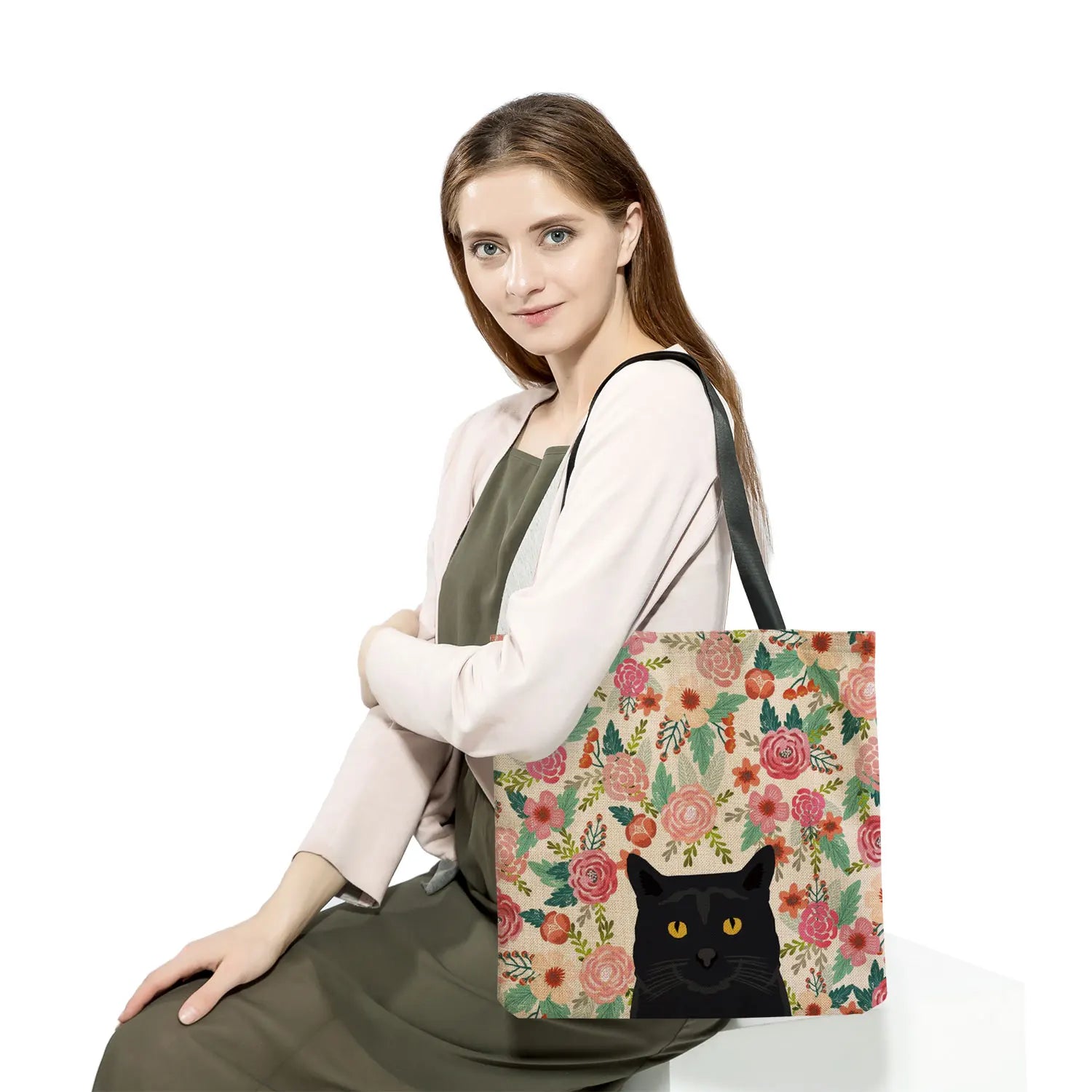 Floral Cat Dog Print Handbag Women Tote Shoulder Bags