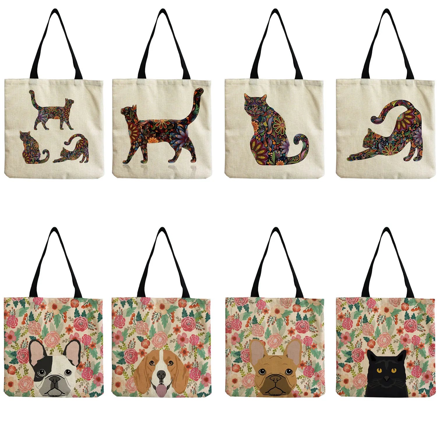 Floral Cat Dog Print Handbag Women Tote Shoulder Bags