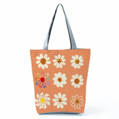 Floral Daisy Printed Handbags Eco Reusable Shopping Bag Tote Orange