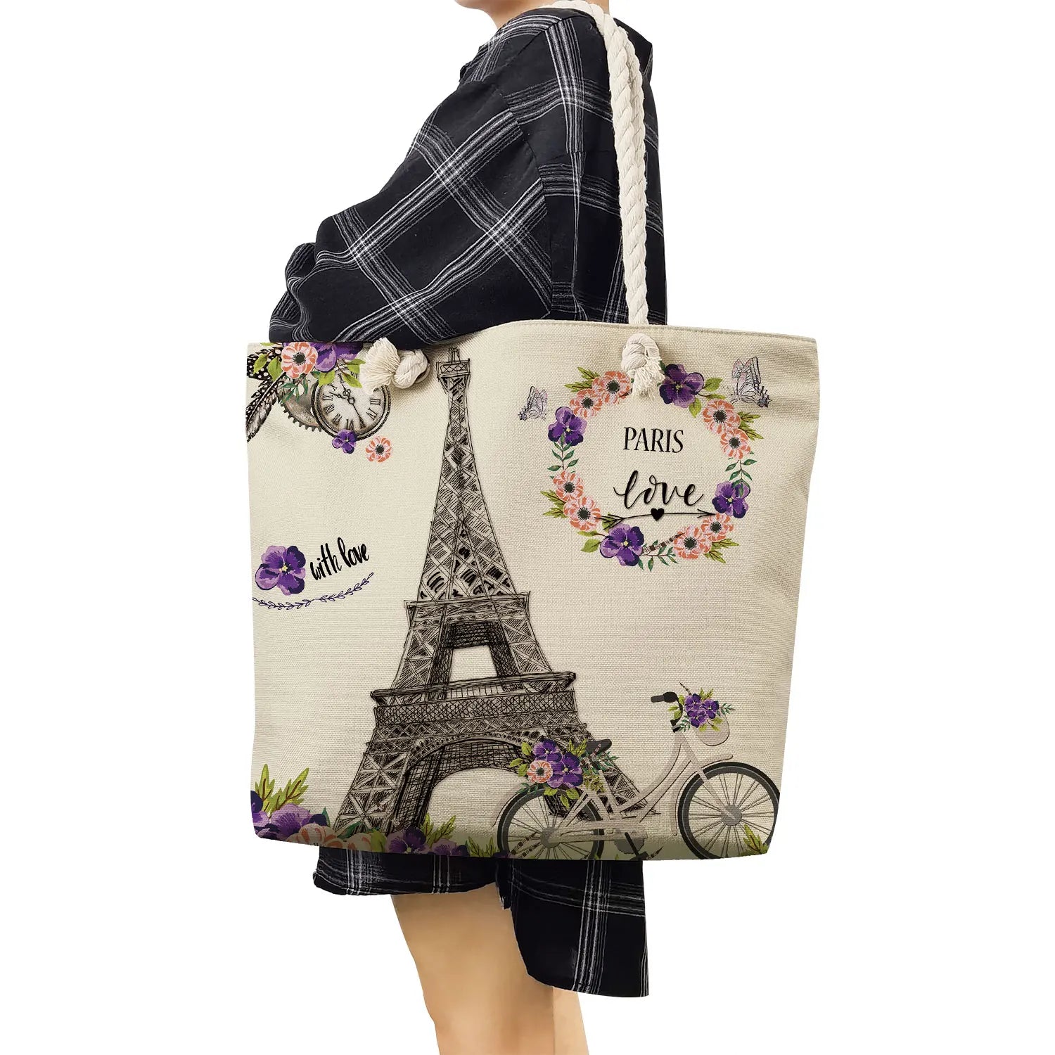 Floral Eiffel Tower Print Handbag High Capacity Storage Shopping Bag