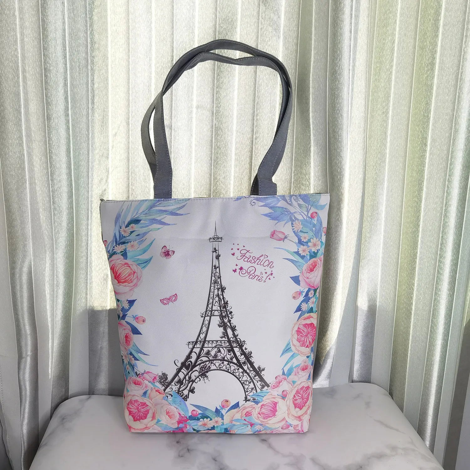 Floral Eiffel Tower Tote Paris Landscape Beach Bag Women Travel Shoulder Bags