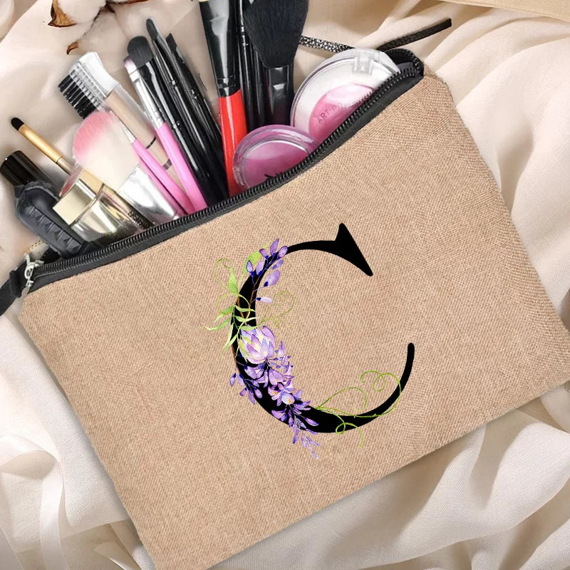 Floral Letter Print Women Cosmetic Bag - Bridesmaid Makeup Bag