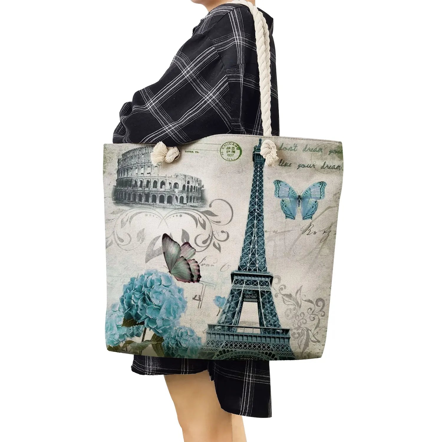 Floral Linen Totes Eiffel Tower Handbags High Capacity Shoulder Bag