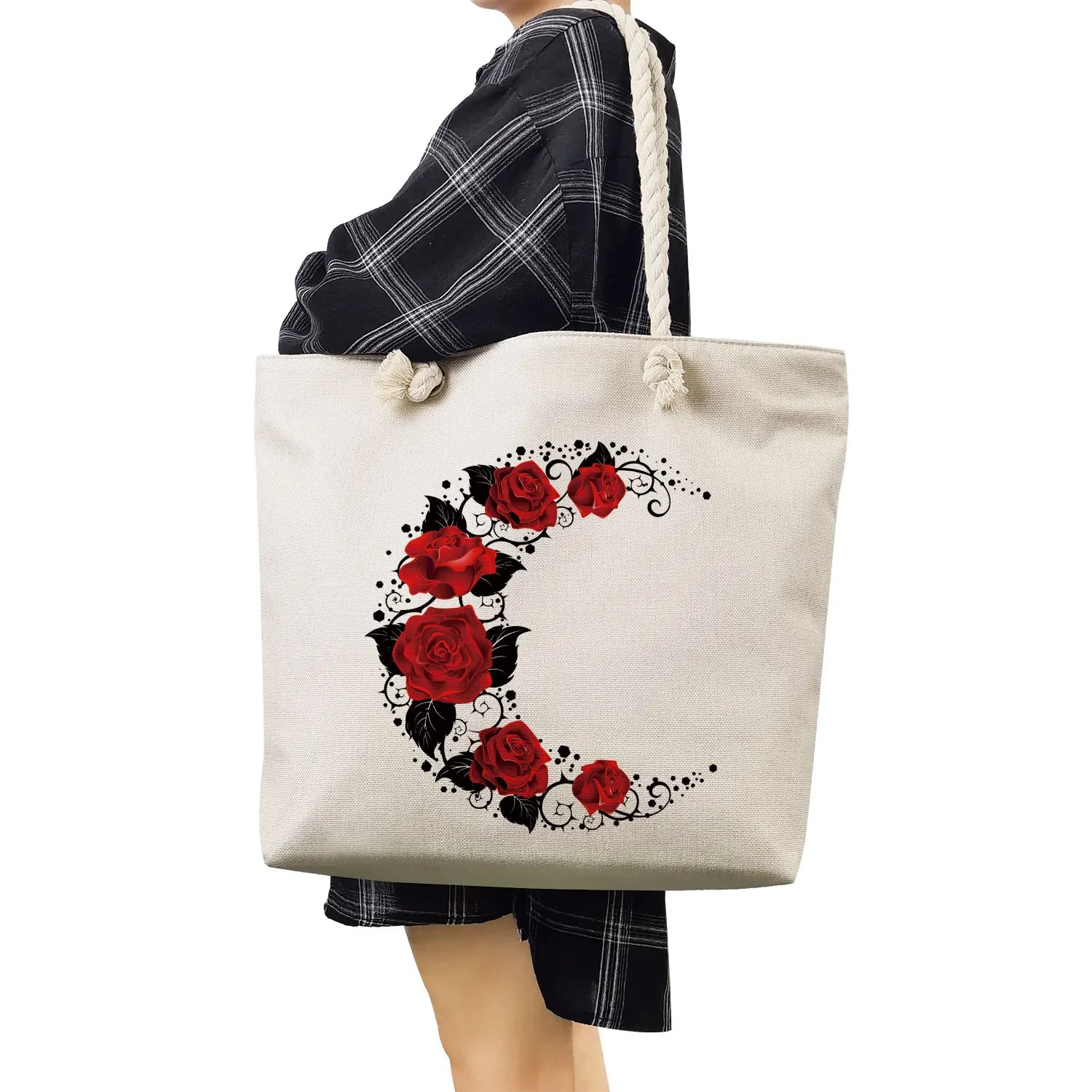 Floral Note Print Women Beach Bags Casual High Capacity Handbags Red Rose Tote B