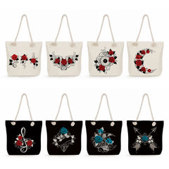 Floral Note Print Women Beach Bags Casual High Capacity Handbags Red Rose Tote B