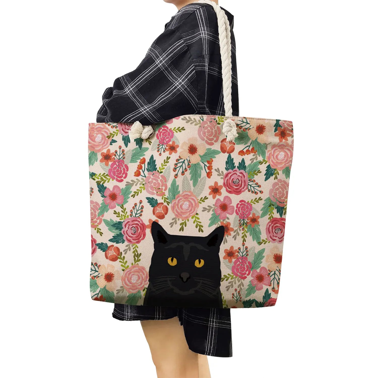 Floral Pet Dog Cat Print Tote Bags Large Casual Linen School Shoulder Bag Women