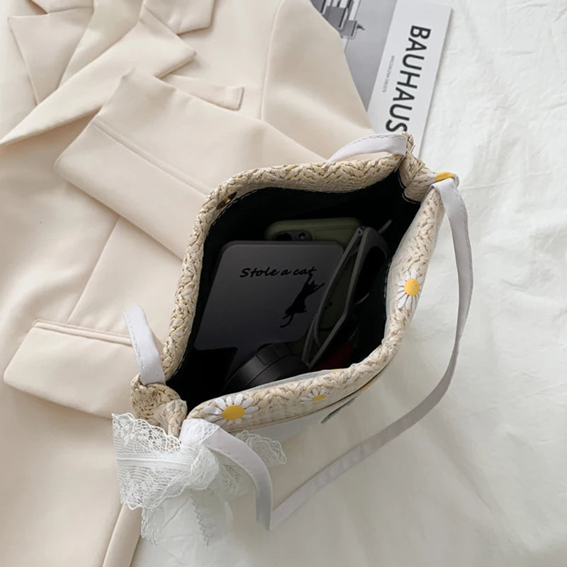 Floral Embroidered Shoulder Bag Women Handbag Lace Bow