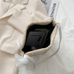 Floral Embroidered Shoulder Bag Women Handbag Lace Bow