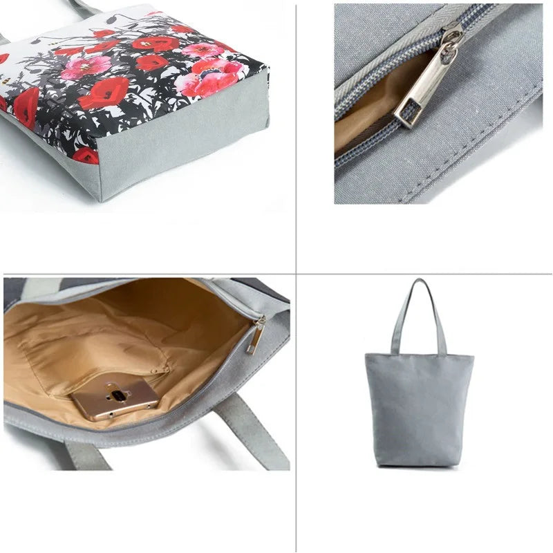 Floral Printed Handbag Women Shoulder Bag Canvas Summer Beach Bag