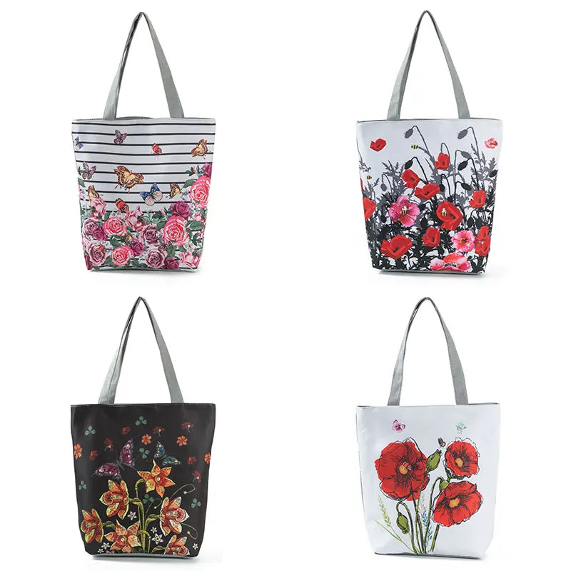 Floral Printed Handbag Women Shoulder Bag Canvas Summer Beach Bag