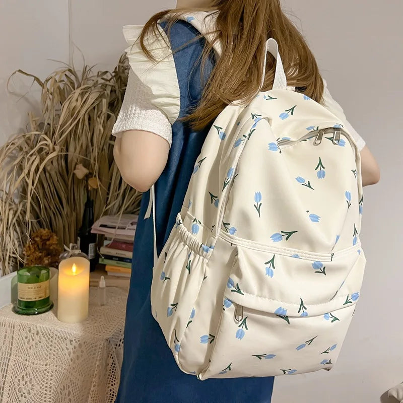 Floral Printing Backpack Waterproof Nylon Rucksack School Bags For Girls