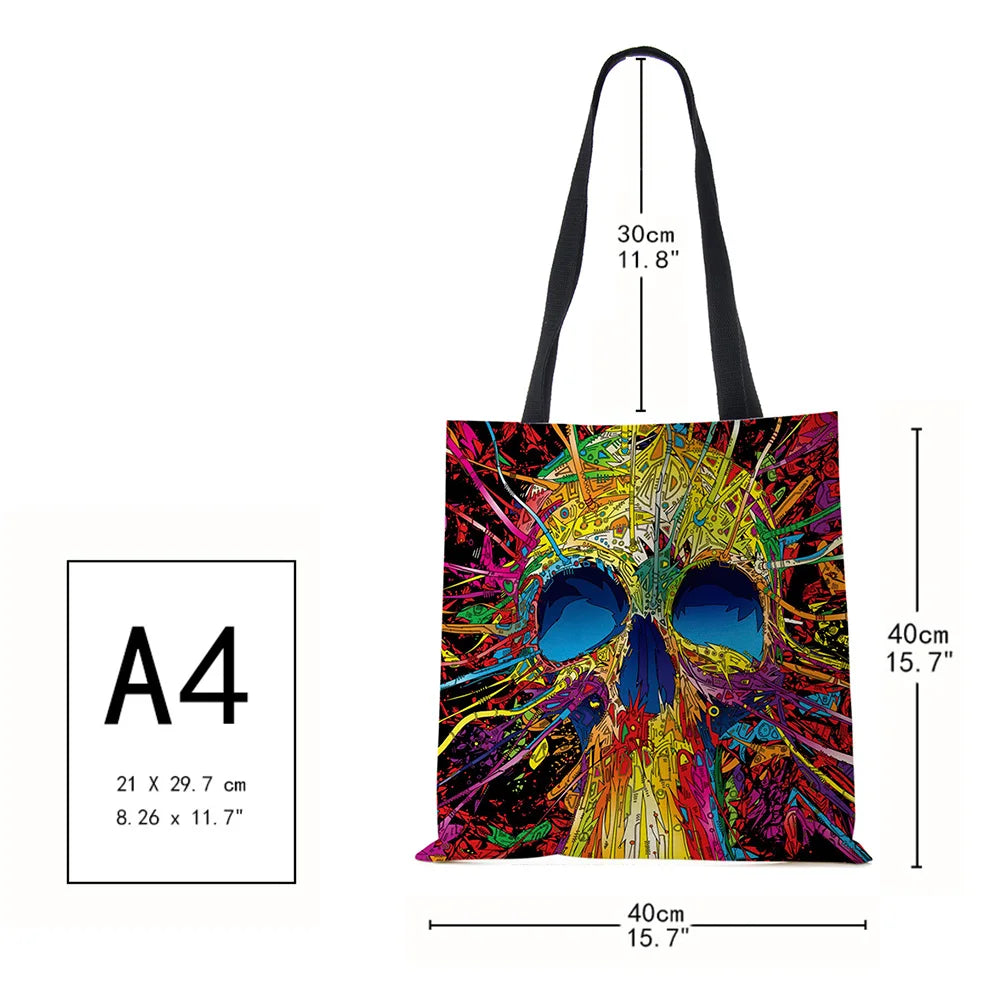 Floral Skull Print Linen Tote Bag Reusable Shoulder Bags Folding Women Casual