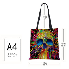 Floral Skull Print Linen Tote Bag Reusable Shoulder Bags Folding Women Casual