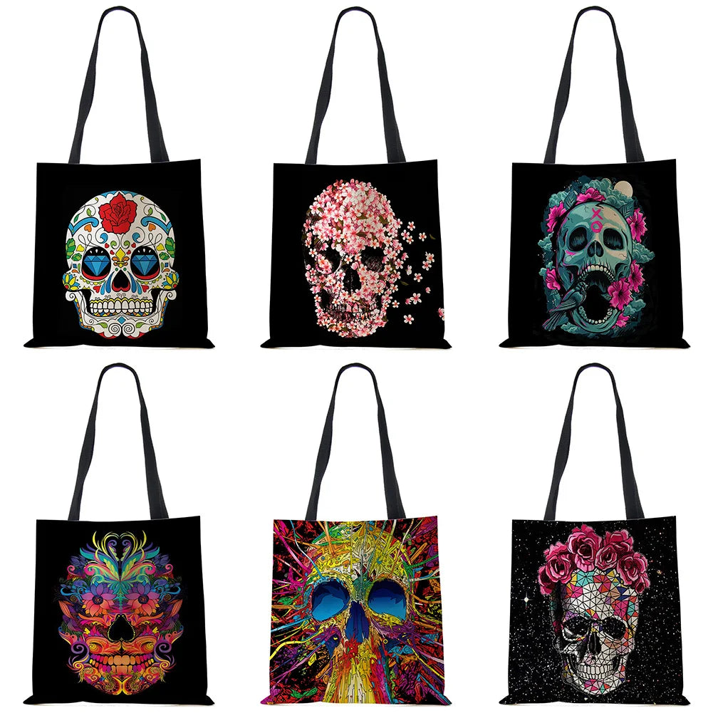 Floral Skull Print Linen Tote Bag Reusable Shoulder Bags Folding Women Casual
