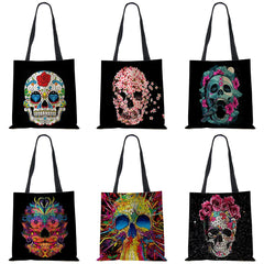 Floral Skull Print Linen Tote Bag Reusable Shoulder Bags Folding Women Casual