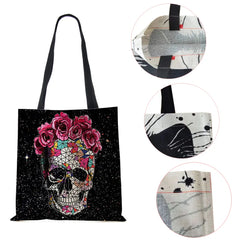 Floral Skull Print Linen Tote Bag Reusable Shoulder Bags Folding Women Casual