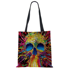 Floral Skull Print Linen Tote Bag Reusable Shoulder Bags Folding Women Casual
