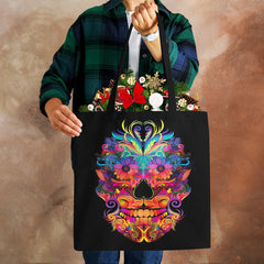 Floral Skull Print Linen Tote Bag Reusable Shoulder Bags Folding Women Casual