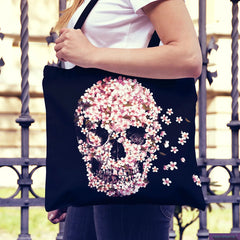 Floral Skull Print Linen Tote Bag Reusable Shoulder Bags Folding Women Casual