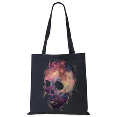 Floral Skull Print Linen Tote Bag Reusable Shoulder Bags Folding Women Casual