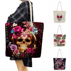 Floral Skull Print Tote Bag Women's Shoulder Bags