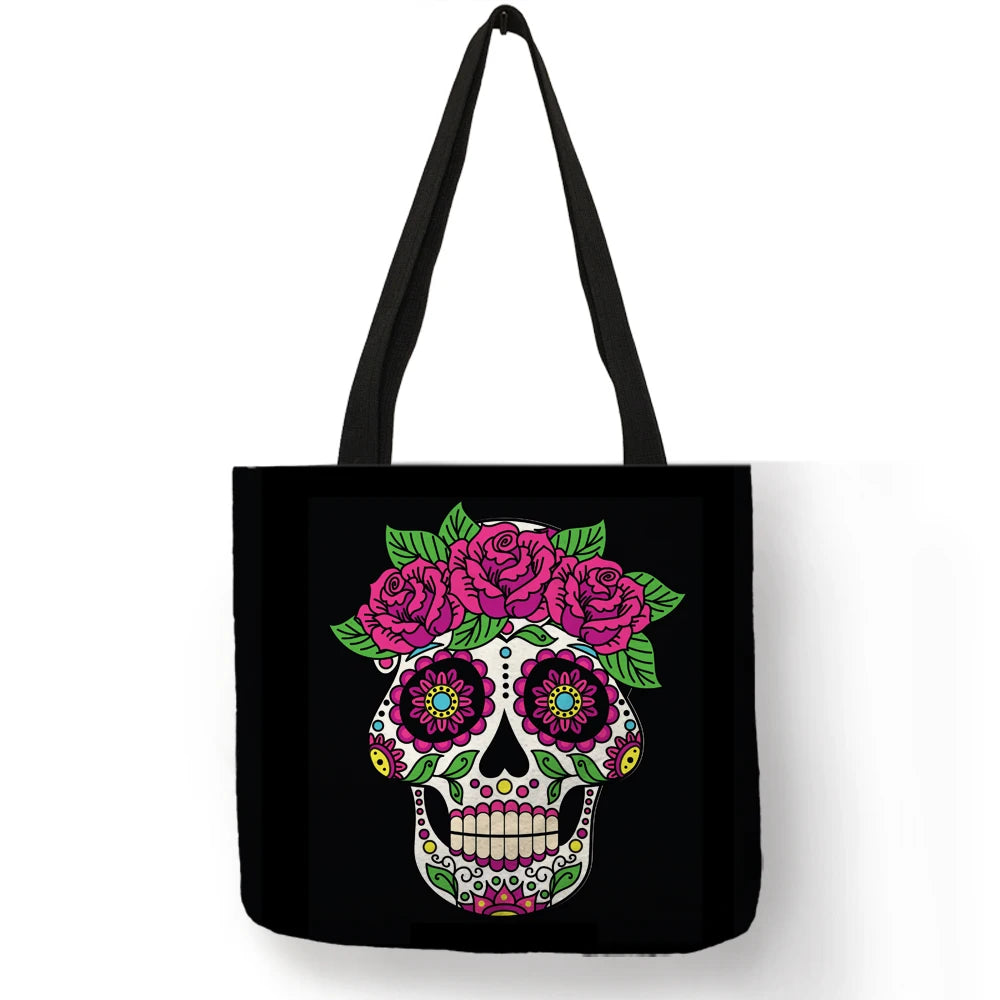 Floral Skull Tote Bag Of the Dead Halloween Handbags For Women Reusable Shopping