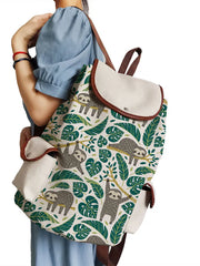 Floral Sloth Printed Linen Backpack Casual Bags Eco School Bag
