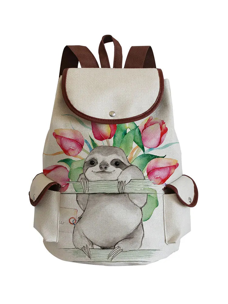 Floral Sloth Printed Linen Backpack Casual Bags Eco School Bag