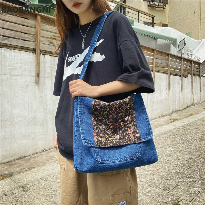 Floral Vintage Denim Shoulder Bags Women Jeans Handbag