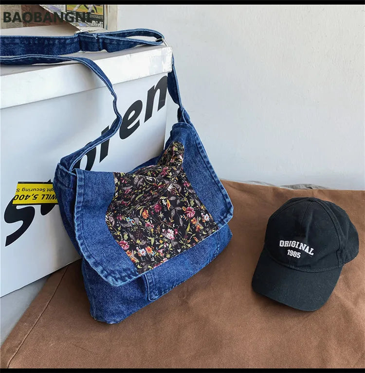 Floral Vintage Denim Shoulder Bags Women Jeans Handbag