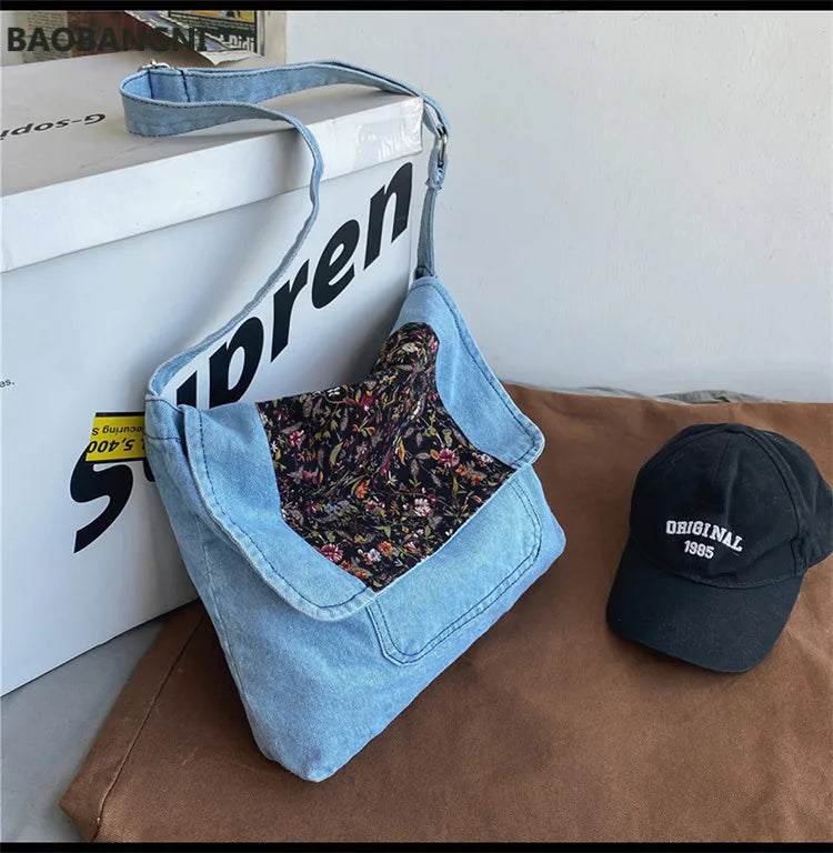 Floral Vintage Denim Shoulder Bags Women Jeans Handbag