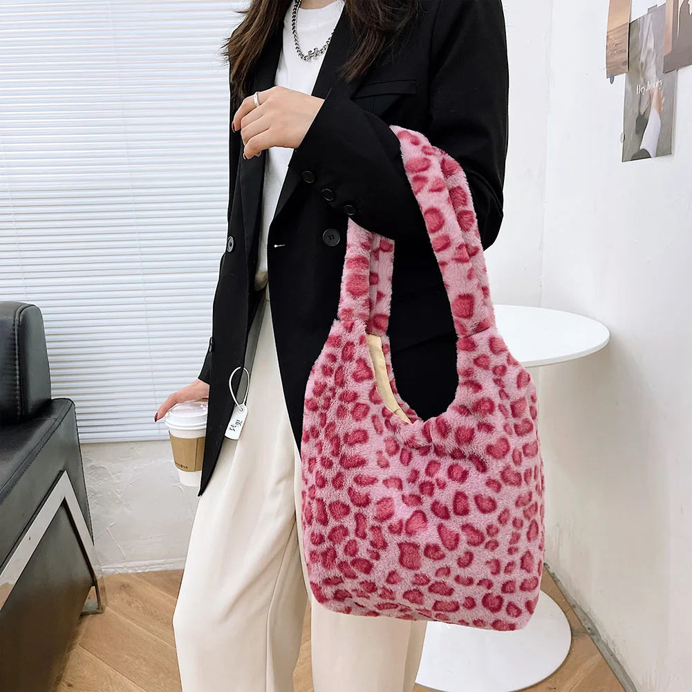 Flower Animal Pattern Shoulder Bag Plush Handbag Winter Vintage