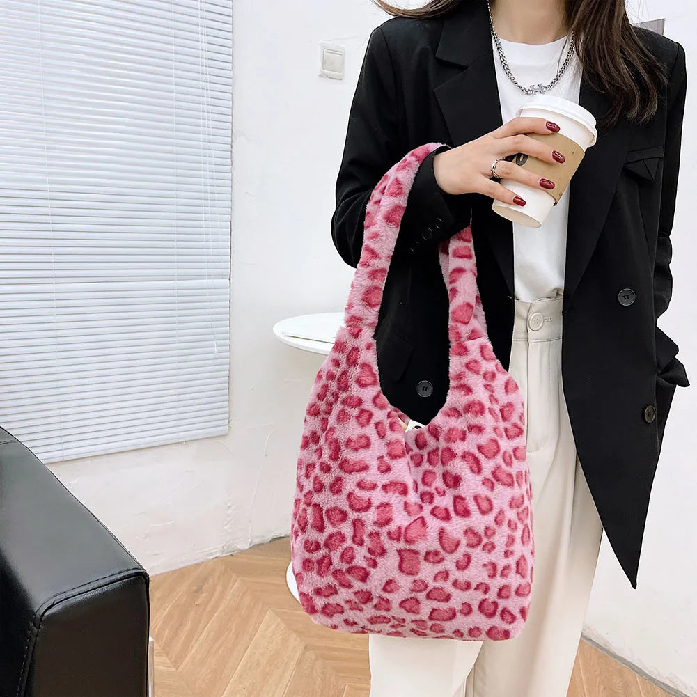 Flower Animal Pattern Shoulder Bag Plush Handbag Winter Vintage