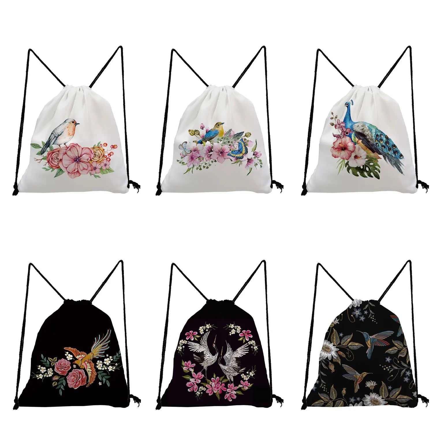 Flower Bird Drawstring Bags Teenager Girls Bookbag Daily Eco Travel