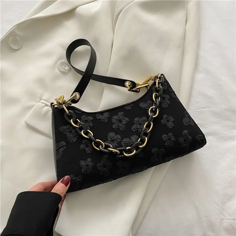 Flower Shoulder Purse Women Jacquard Underarm Bag Ladies Chain Top-handle Clutch