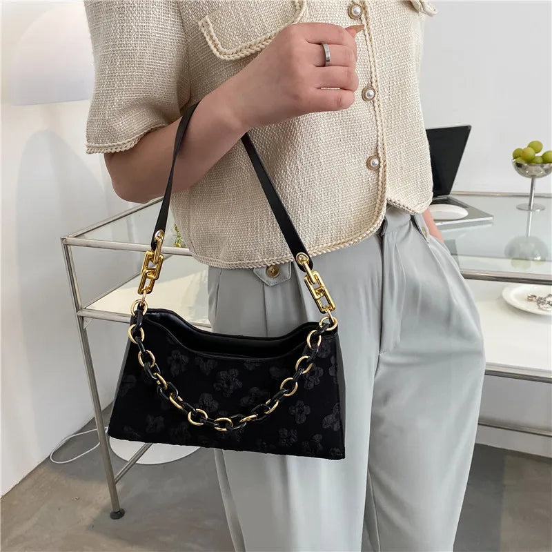 Flower Shoulder Purse Women Jacquard Underarm Bag Ladies Chain Top-handle Clutch