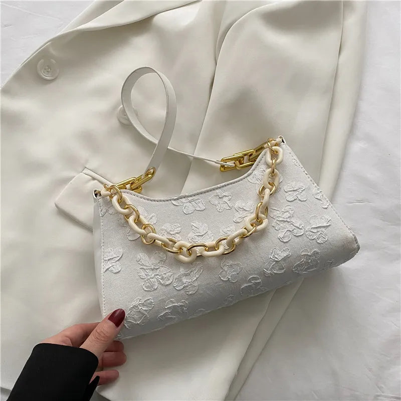 Flower Shoulder Purse Women Jacquard Underarm Bag Ladies Chain Top-handle Clutch