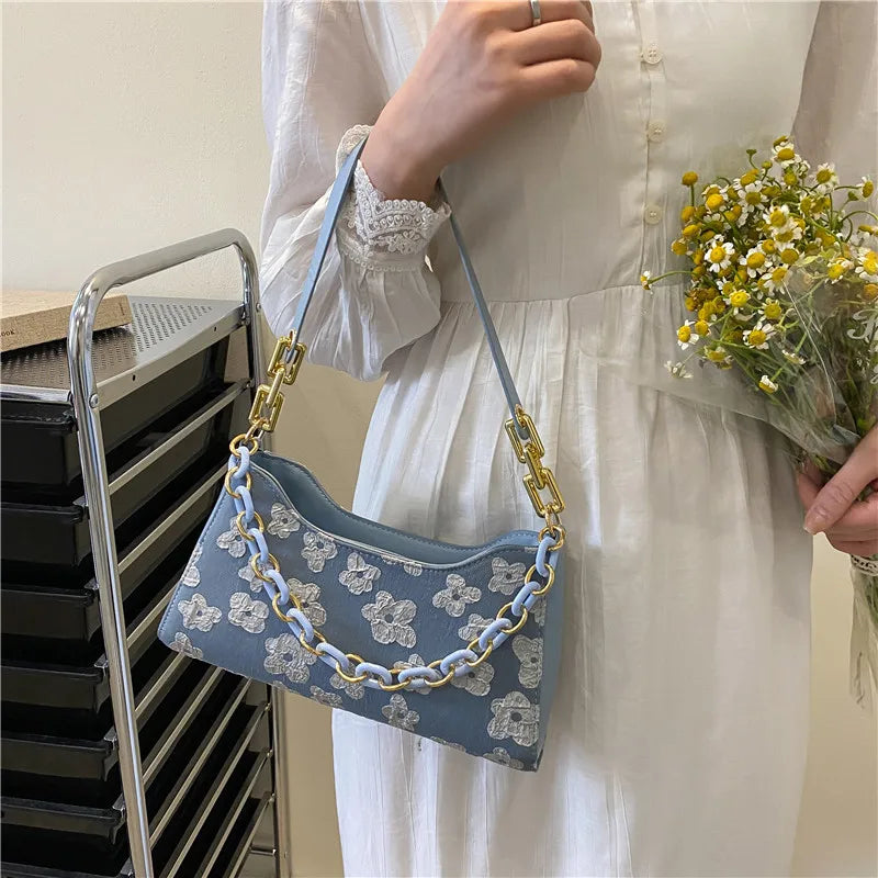 Flower Shoulder Purse Women Jacquard Underarm Bag Ladies Chain Top-handle Clutch
