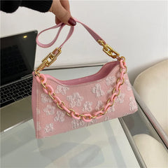 Flower Shoulder Purse Women Jacquard Underarm Bag Ladies Chain Top-handle Clutch