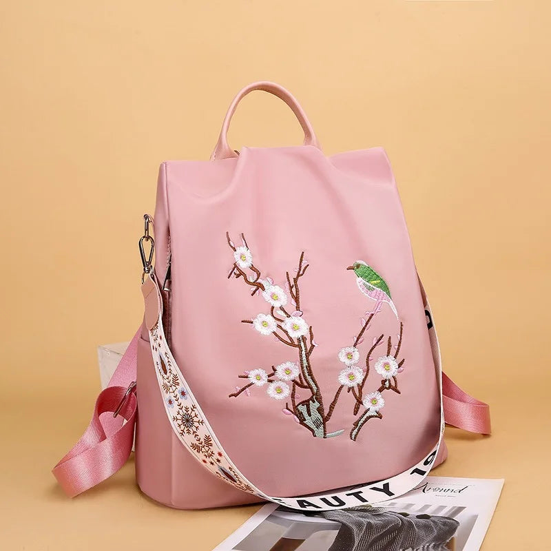 Flower Embroidery Backpack Women Travel Anti-theft School Bag
