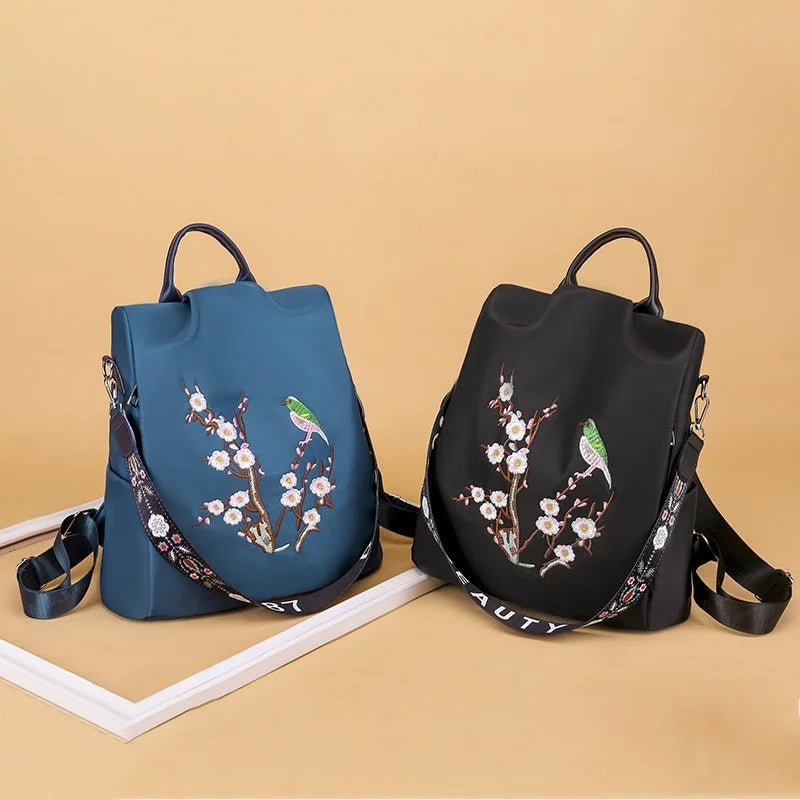 Flower Embroidery Backpack Women Travel Anti-theft School Bag