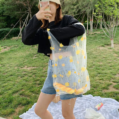 Flower Embroidery Hand Bag Organza Casual Foldable Recycle Shopping Bag