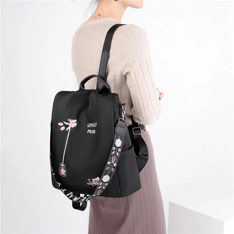 Flower Embroidery Oxford Women Backpack Waterproof School Handbag