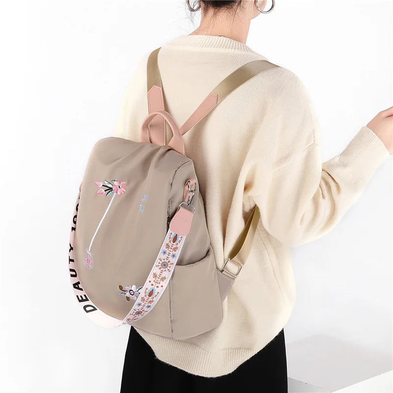 Flower Embroidery Oxford Women Backpack Waterproof School Handbag