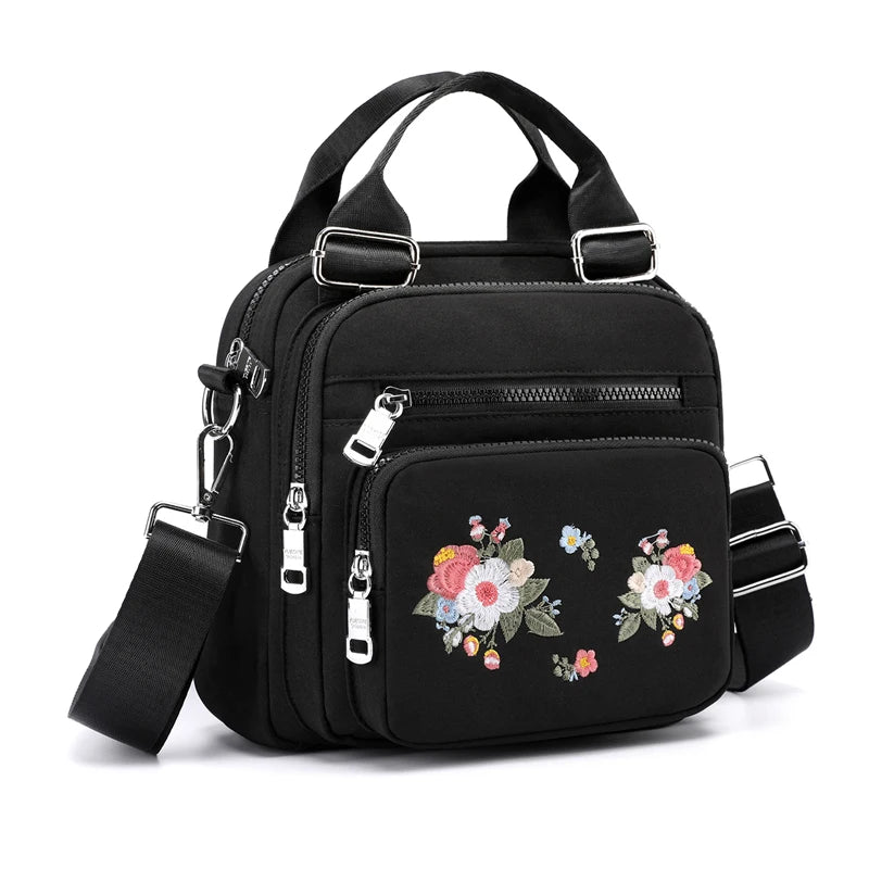Flower Embroidery Women Messenger Bag Small Nylon Shoulder Bag